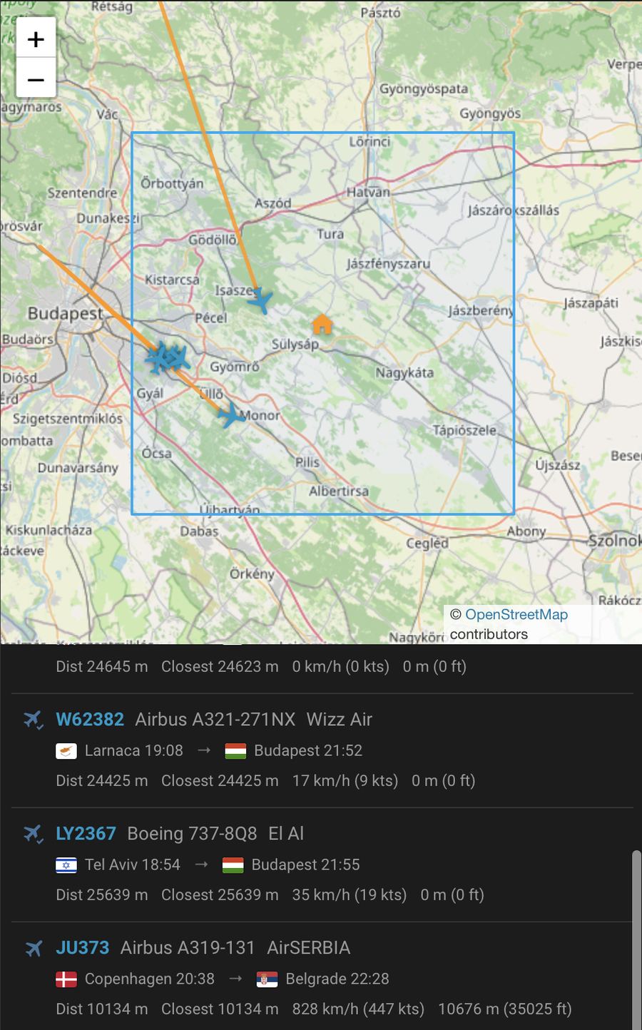 Élő légiforgalom-figyelés Érd, Budaörs és a Zsámbéki-medence térsége felett, FlightRadar24